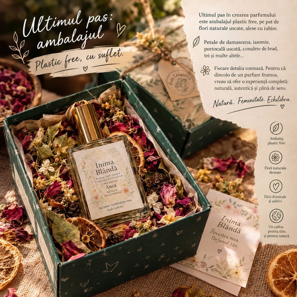 Parfum personalizat 100% natural: cum se creează, în 8 pași 2 Parfum personalizat 100% natural Inima Blândă în ambalaj plastic free cu flori uscate – Fata Levănțică